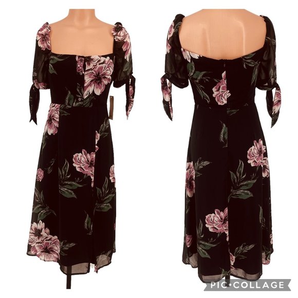 Tobi Feelin Floral Side Slit Midi Dress sz SP Black Square Neck Short Sleeve Tie - Picture 2 of 9